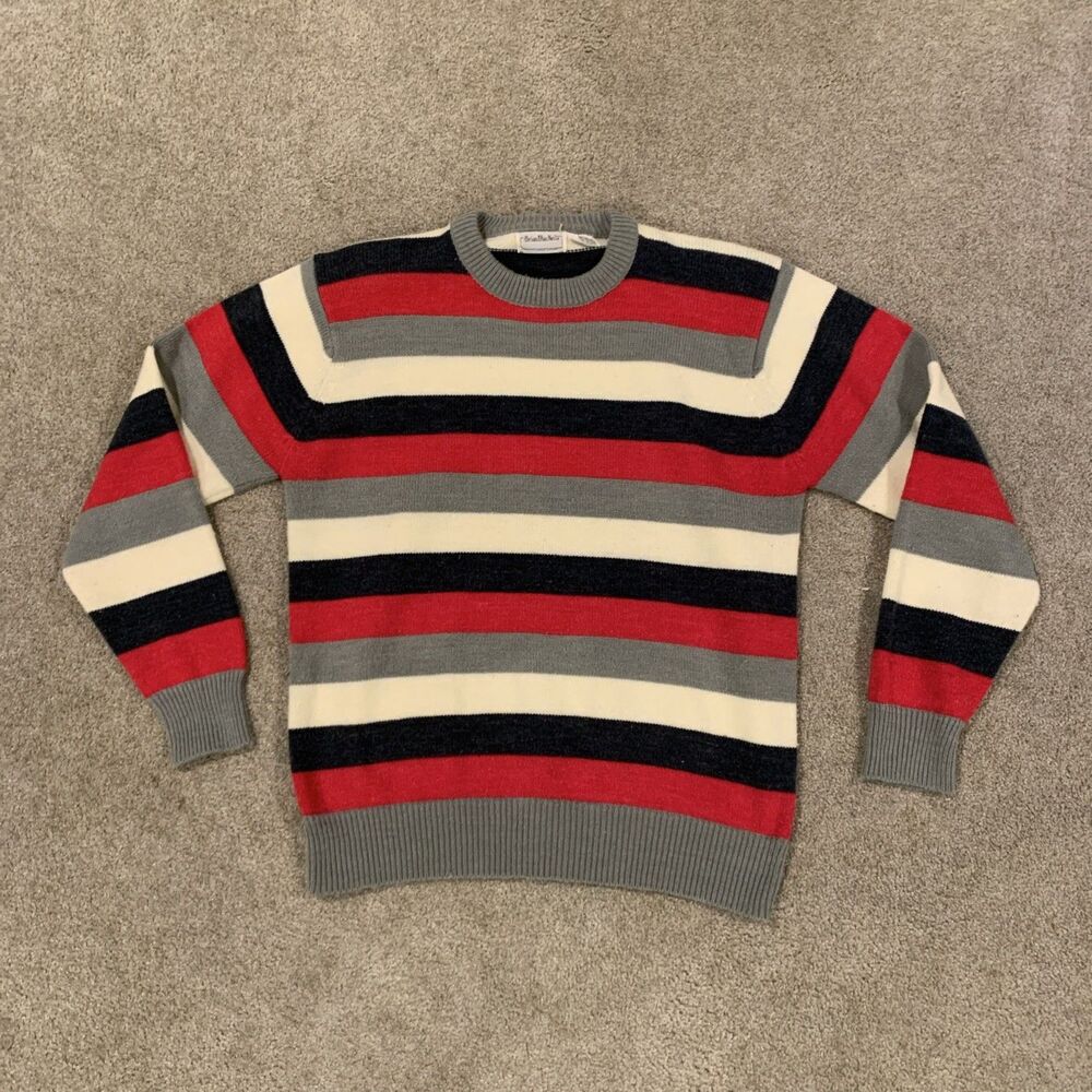 Vintage Brian MacNeil Sweater Mens L Gray Ivory Red Striped Acrylic Pullover 90s